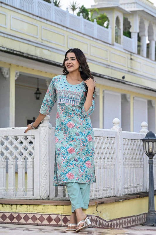 Jaipuri Printed Floral Pure Cotton Readymade Kurta & Pant Set