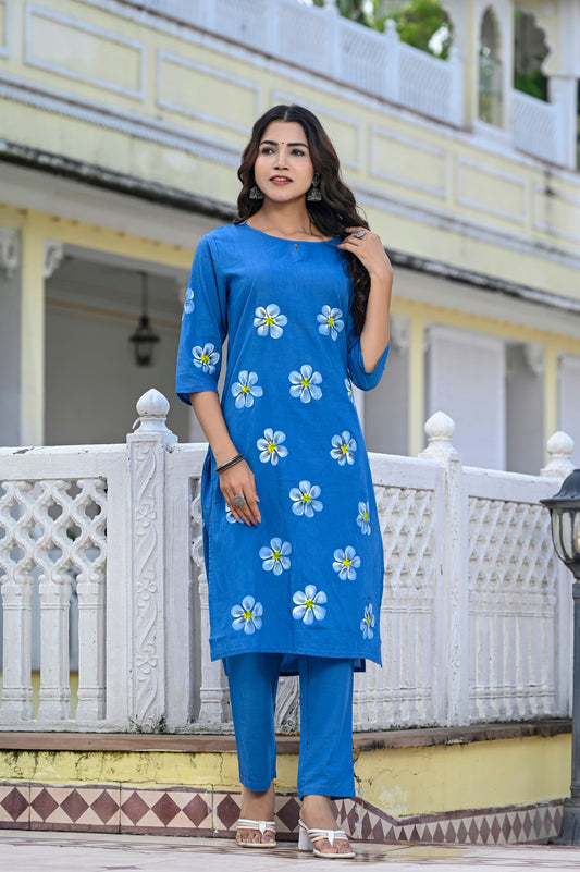 Cotton Saphire Blue Hand Brush Painted Kurta & Pant Sets