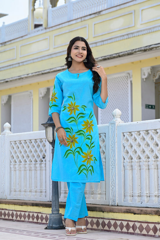 Cotton Ocean Blue Hand Brush Painted Kurta & Pant Sets