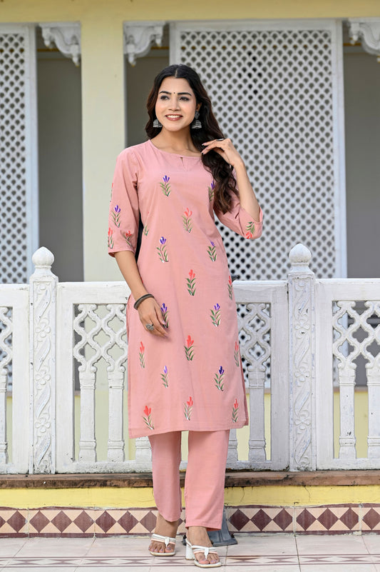 Cotton Peach Bud Hand Brush Painted Kurta & Pant Sets