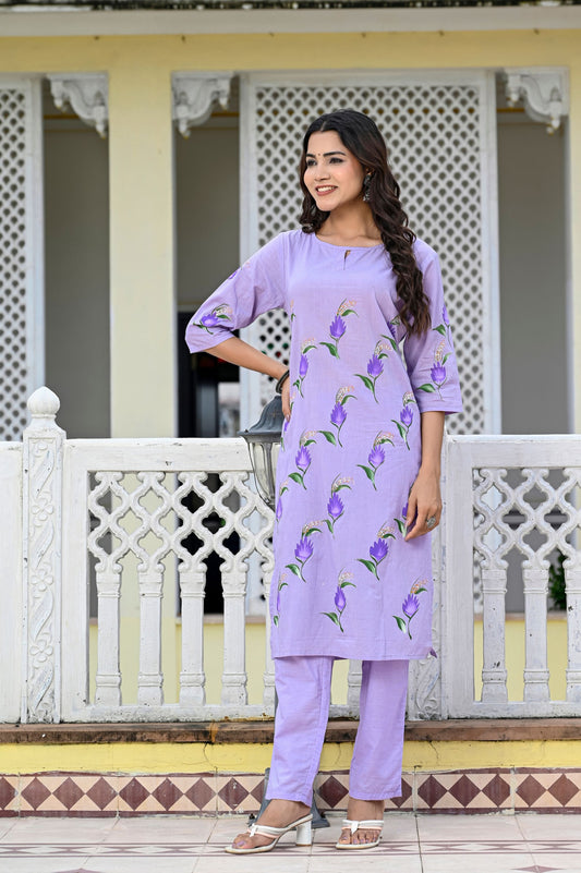 Cotton Lavender Blue Hand Brush Painted Kurta & Pant Sets