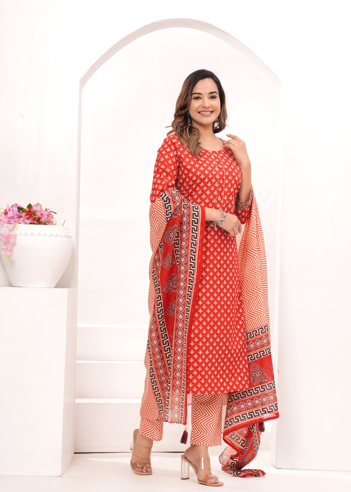 Red Butti Jaipuri Cotton Printed Suit Set