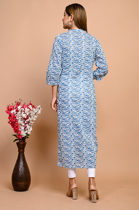 Jaipuri Day Sky Blue Jaal Print 100% Cotton Straight Kurti