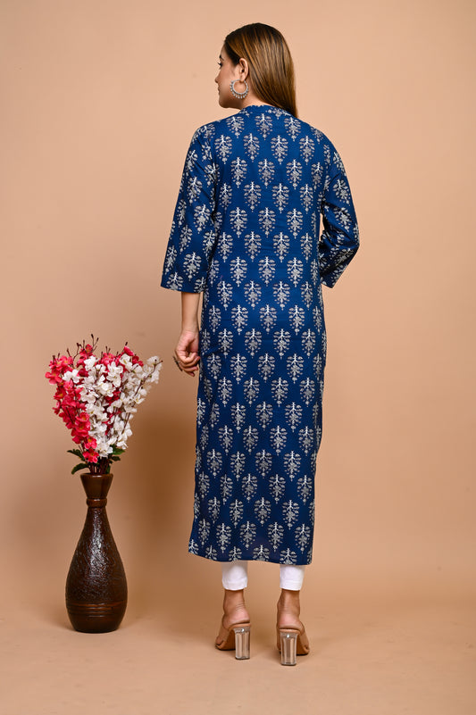 Jaipuri Deep Sea Blue Buti Print 100% Cotton Straight Kurti