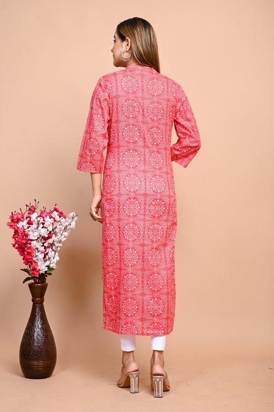 Jaipuri Red Bandhani Colour Jaal Print 100% Cotton Straight Kurti