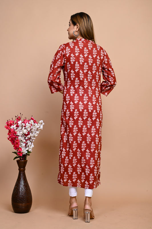 Jaipuri Brick Red Jaal Print 100% Cotton Straight Kurti