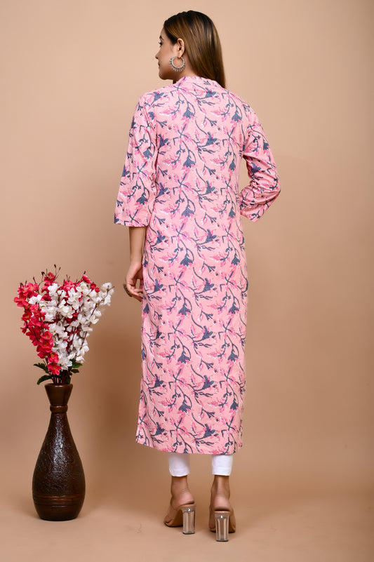 Jaipuri Blush Pink Jaal Print 100% Cotton Straight Kurti