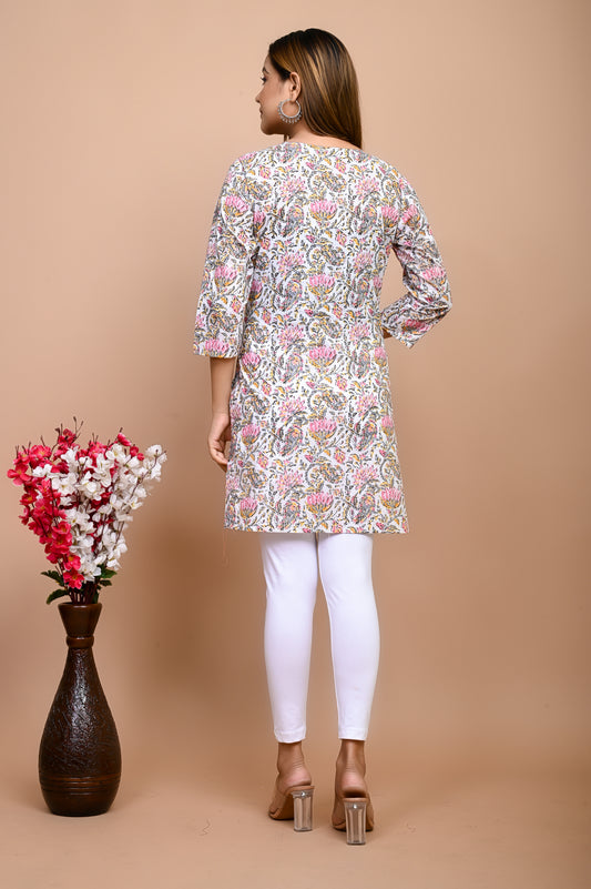 Jaipuri Pink Floral Jaal 100% Cotton Short Kurta