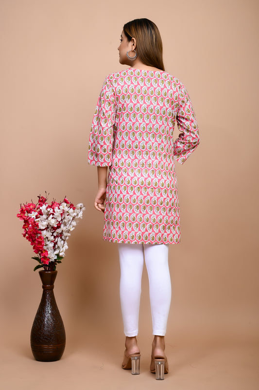 Jaipuri Pink Butti 100% Cotton Short Kurti