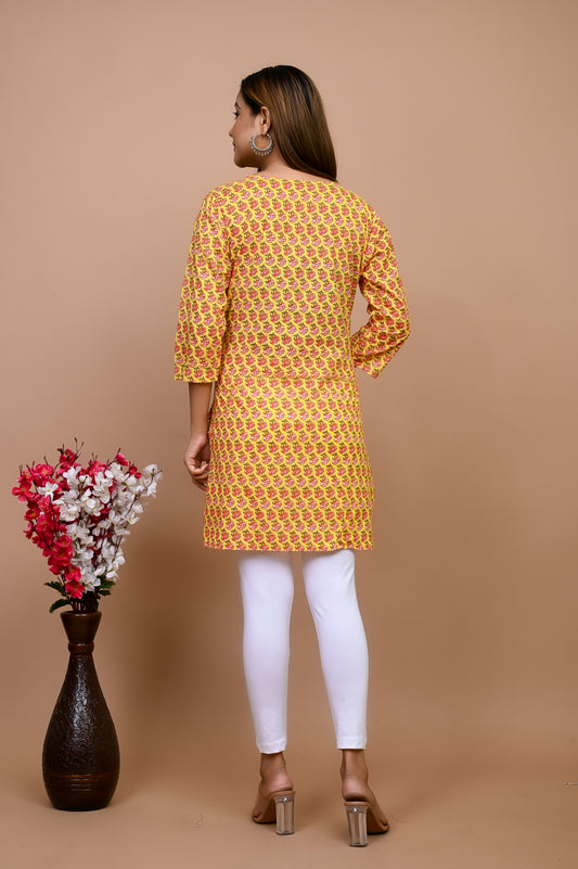 Jaipuri Yellow Butti 100% Cotton Short Kurti