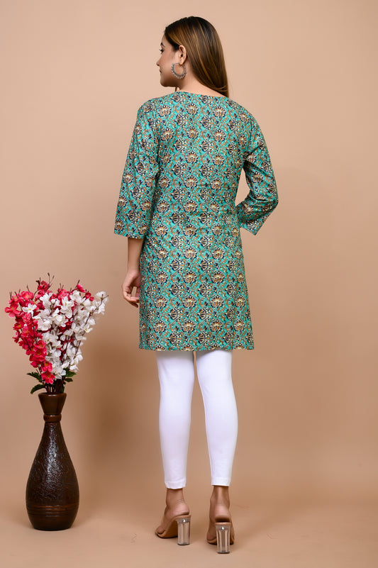 Jaipuri Sea Green Jaal 100% Cotton Short Kurti