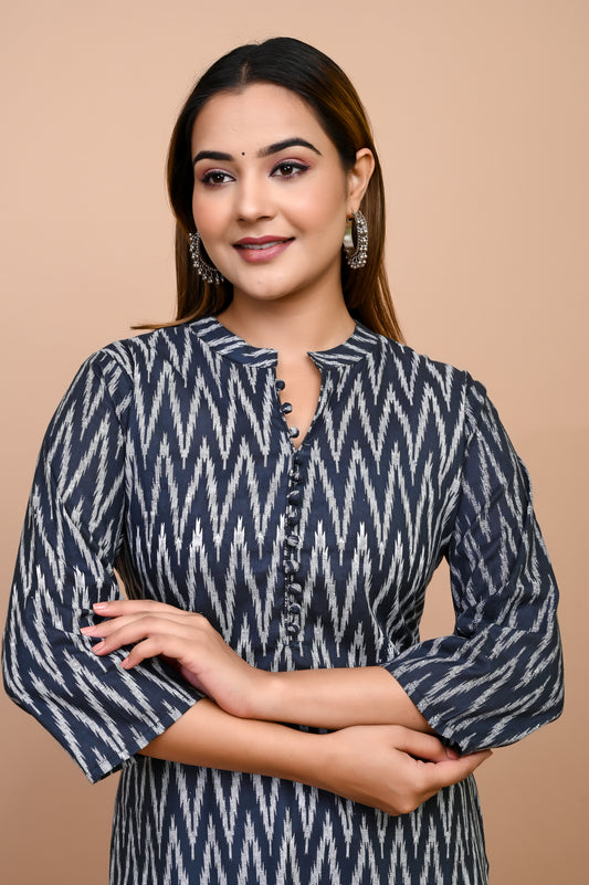 Jaipuri Anchor Grey Ikkat Print 100% Cotton Straight Kurti