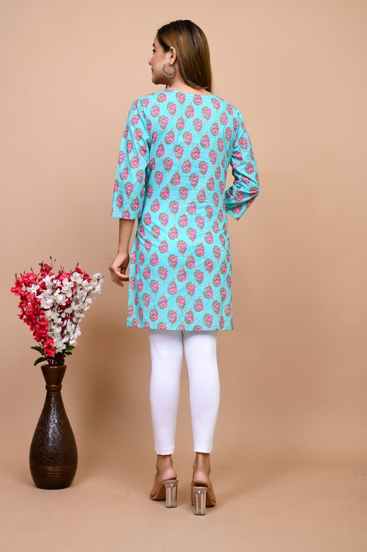 Jaipuri Bright Sky Flower 100% Cotton Short Kurti