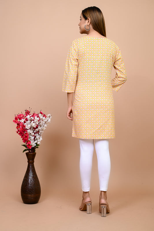 Jaipuri Yellow Jaal 100% Cotton Short Kurti