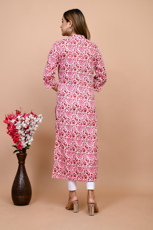 Jaipuri Bubble Gum Pink Jaal Print 100% Cotton Straight Kurti