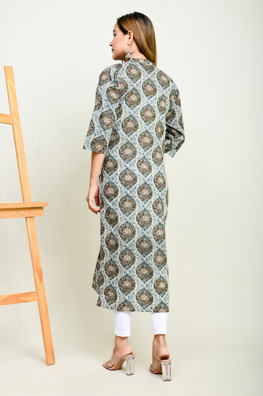 Jaipuri Dual Colour Jaal Print 100% Cotton Straight Kurti