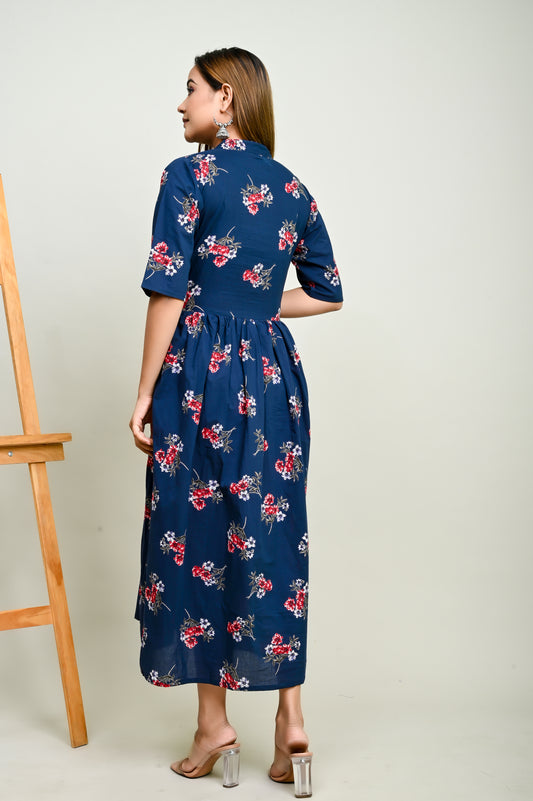 Pink flower motifs navy blue flared 100% cotton kurti