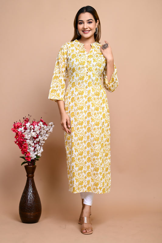 Yellow Floral Beauty Hand Print 100% Cotton Straight Kurti
