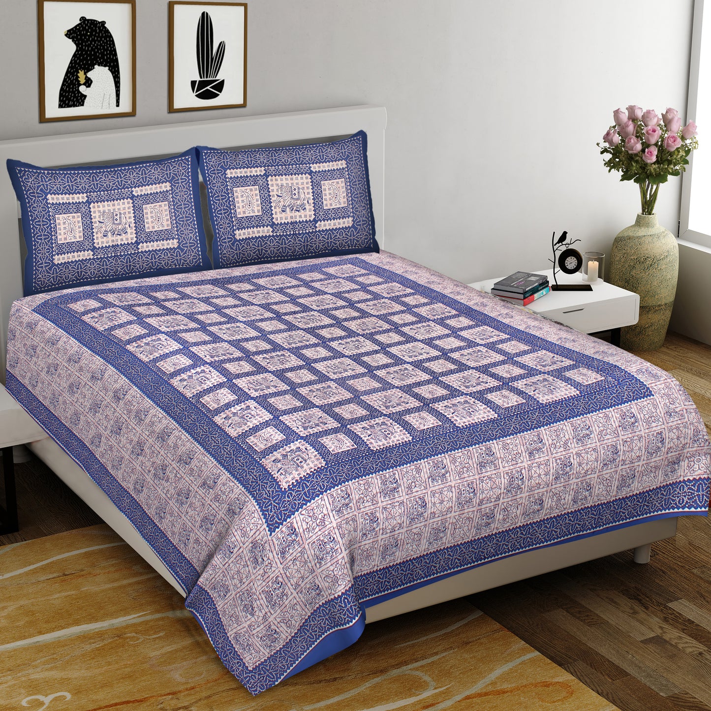 Elephant Block King Size 100% Cotton Bedsheets