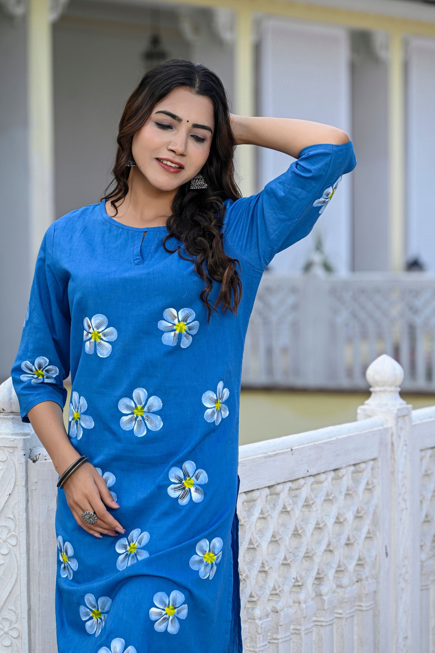 Cotton Saphire Blue Hand Brush Painted Kurta & Pant Sets