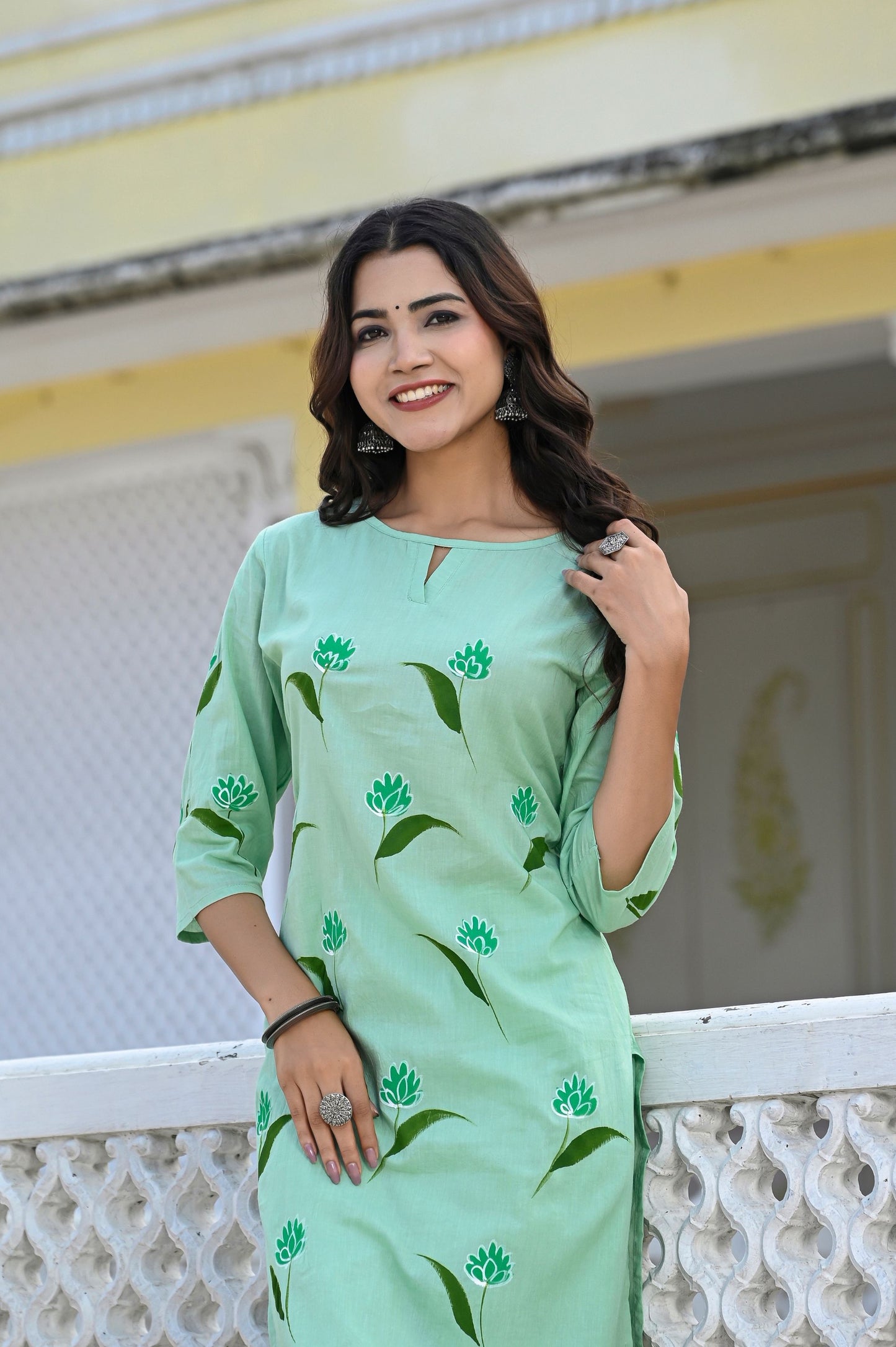 Cotton Seafoam Green Hand Brush Painted Kurta & Pant Sets