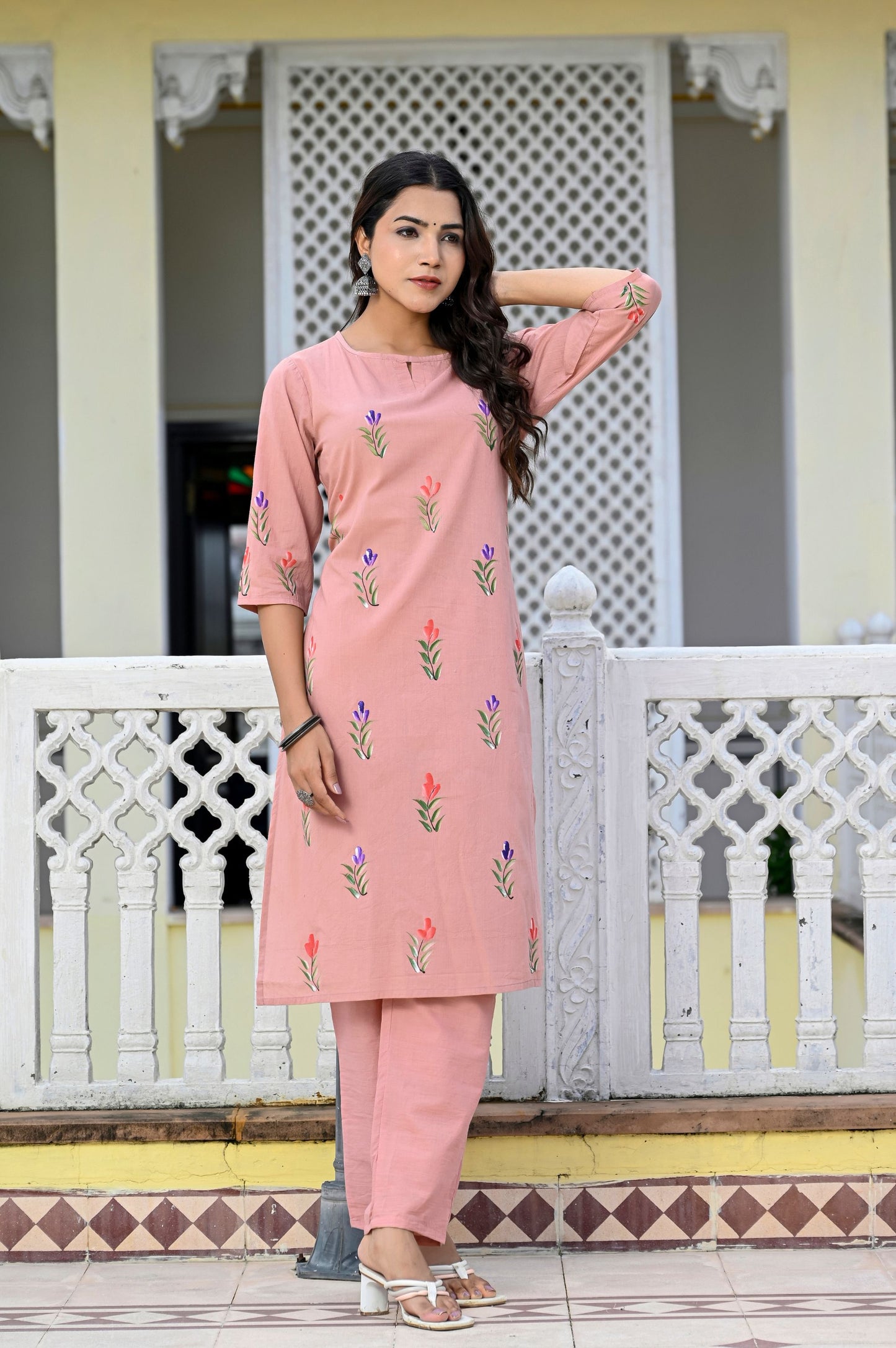 Cotton Peach Bud Hand Brush Painted Kurta & Pant Sets