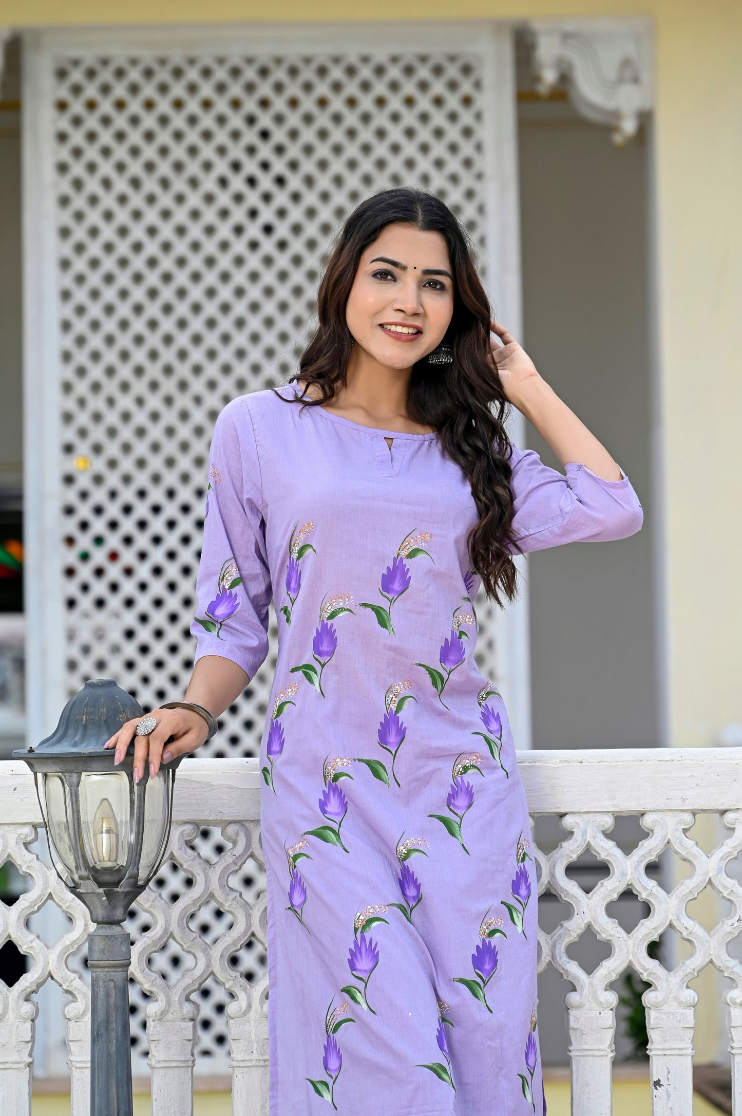 Cotton Lavender Blue Hand Brush Painted Kurta & Pant Sets