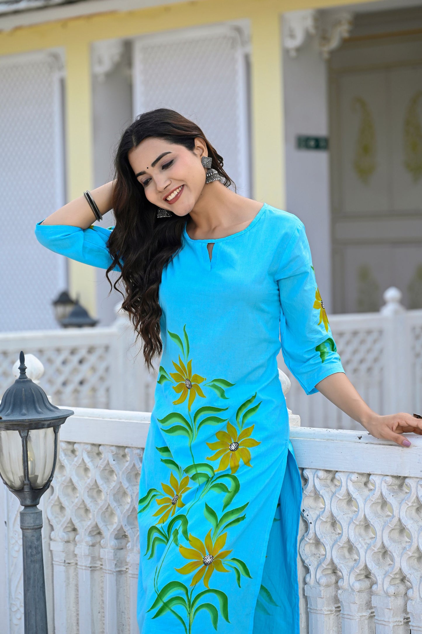 Cotton Ocean Blue Hand Brush Painted Kurta & Pant Sets