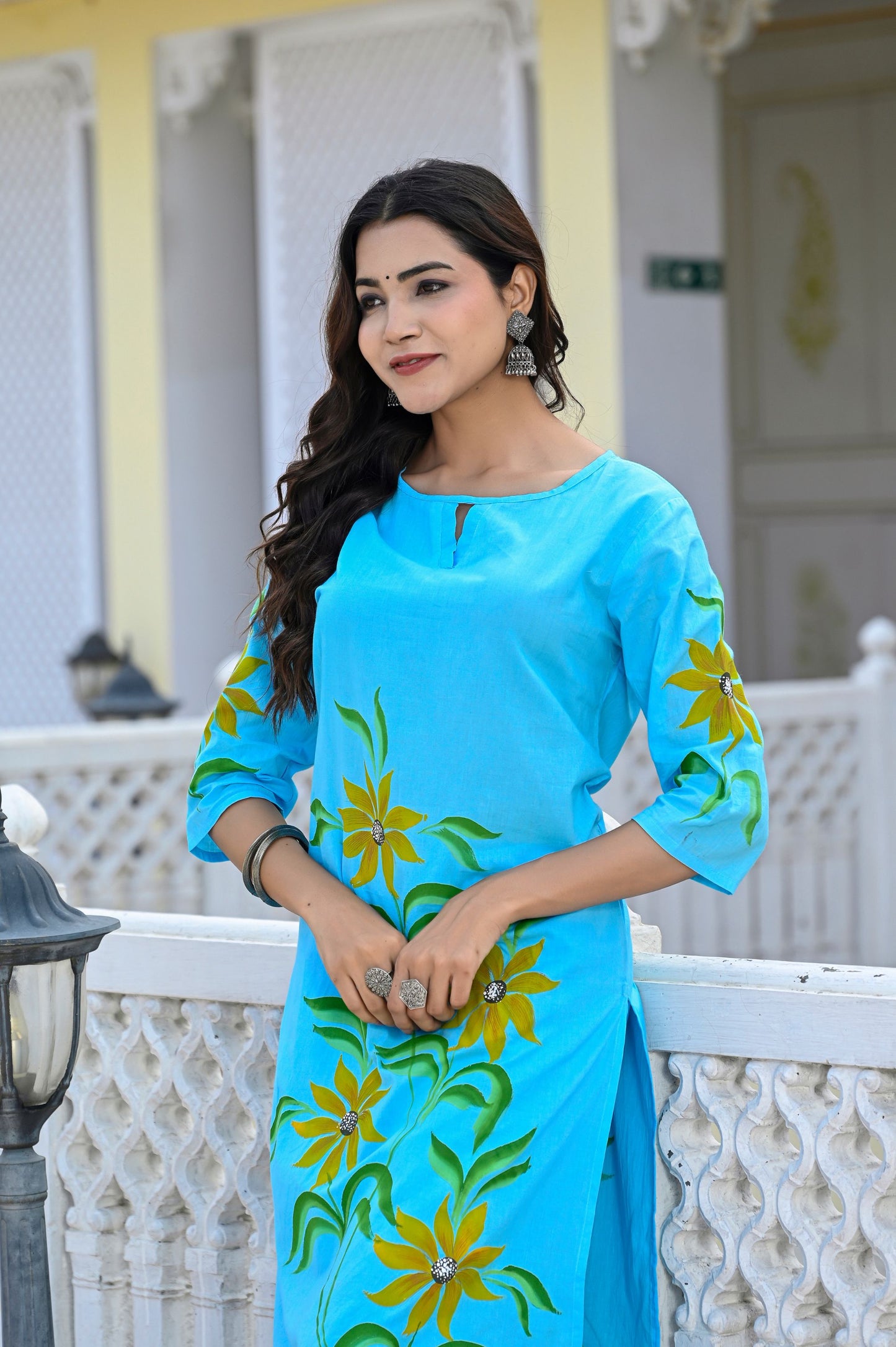 Cotton Ocean Blue Hand Brush Painted Kurta & Pant Sets