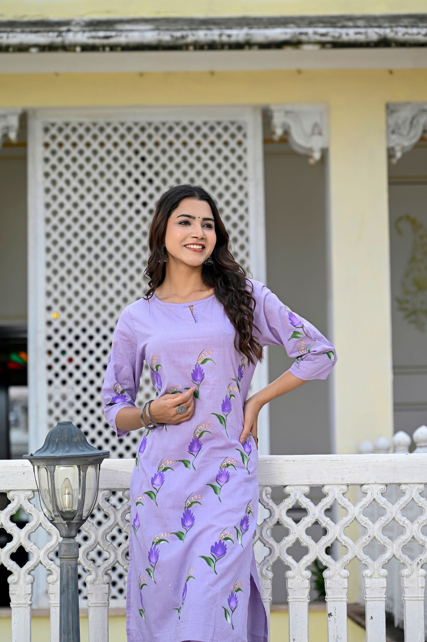 Cotton Lavender Blue Hand Brush Painted Kurta & Pant Sets