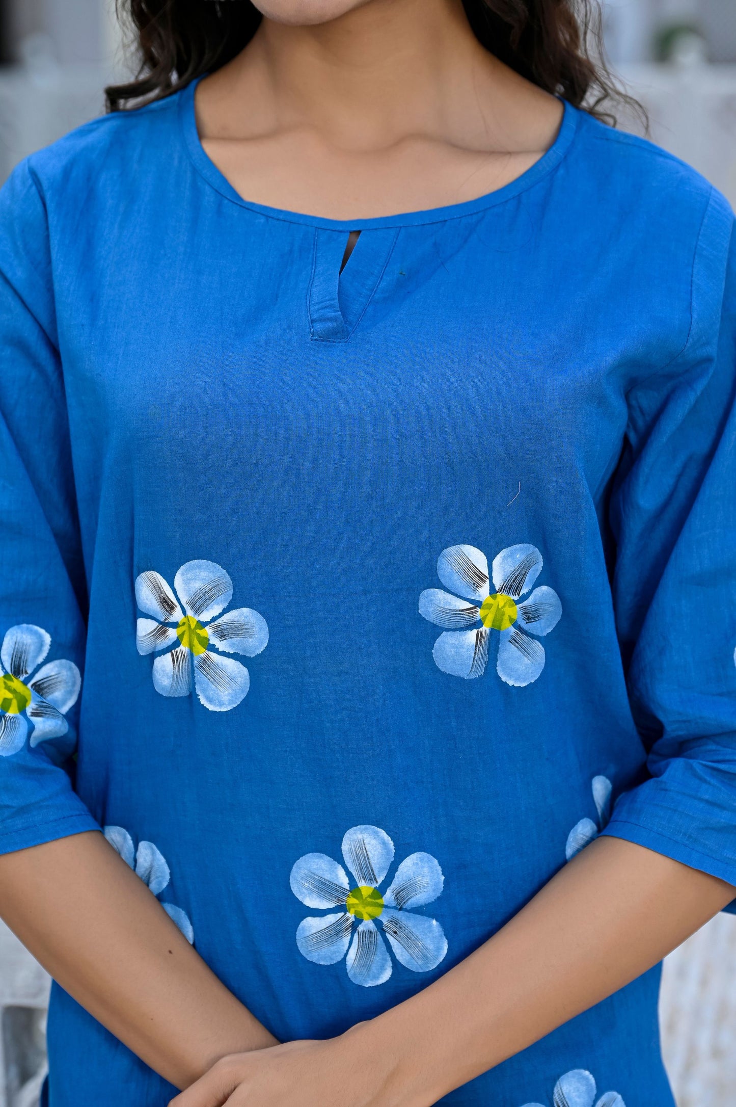 Cotton Saphire Blue Hand Brush Painted Kurta & Pant Sets