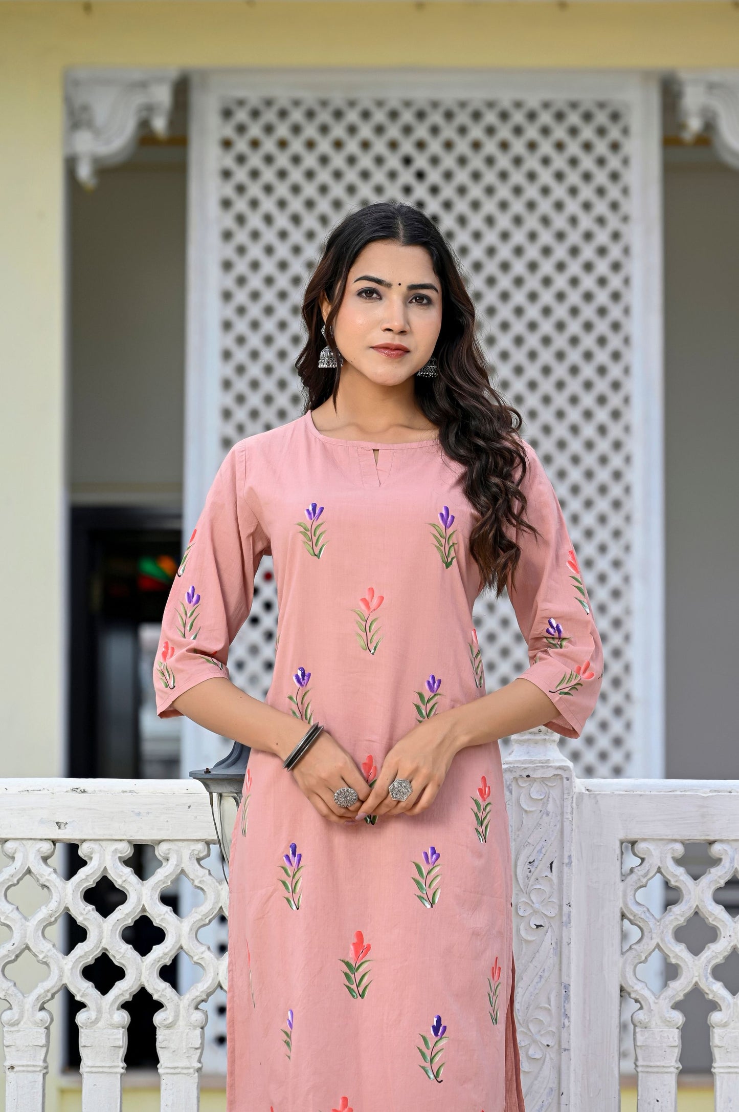 Cotton Peach Bud Hand Brush Painted Kurta & Pant Sets
