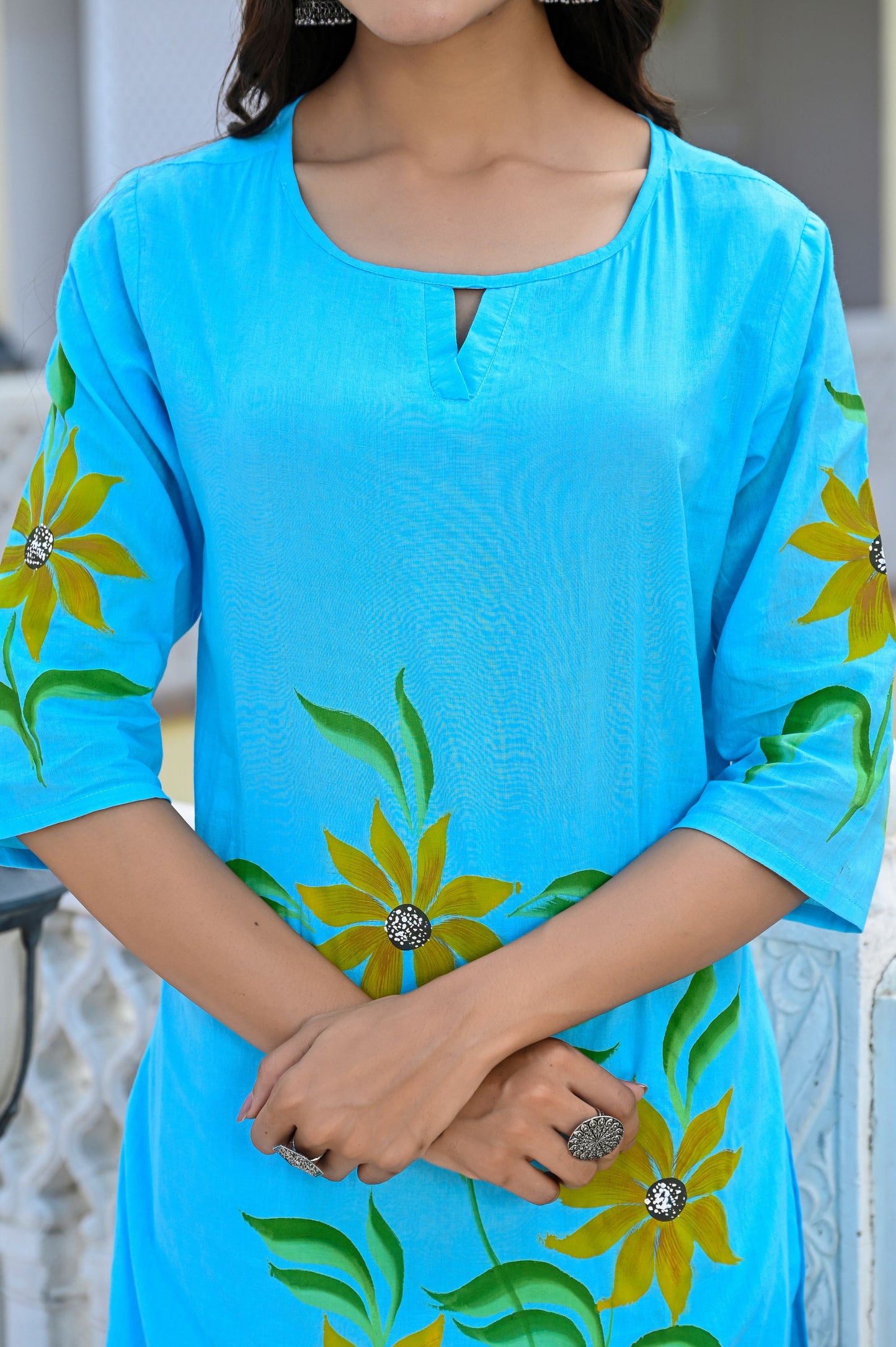Cotton Ocean Blue Hand Brush Painted Kurta & Pant Sets
