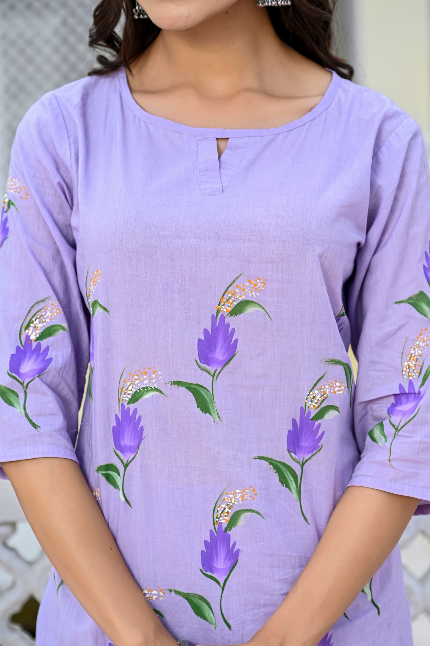 Cotton Lavender Blue Hand Brush Painted Kurta & Pant Sets