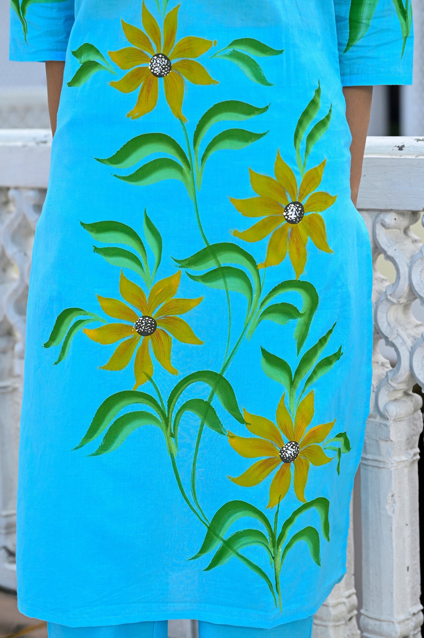 Cotton Ocean Blue Hand Brush Painted Kurta & Pant Sets