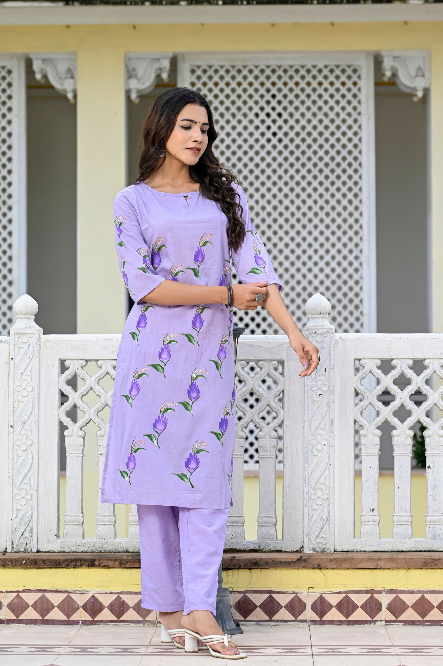 Cotton Lavender Blue Hand Brush Painted Kurta & Pant Sets