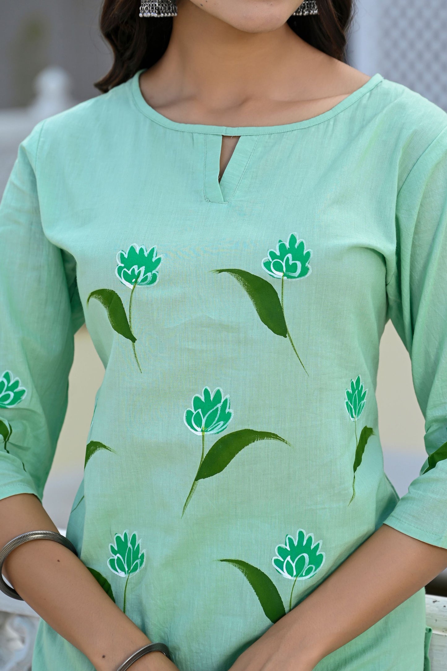 Cotton Seafoam Green Hand Brush Painted Kurta & Pant Sets