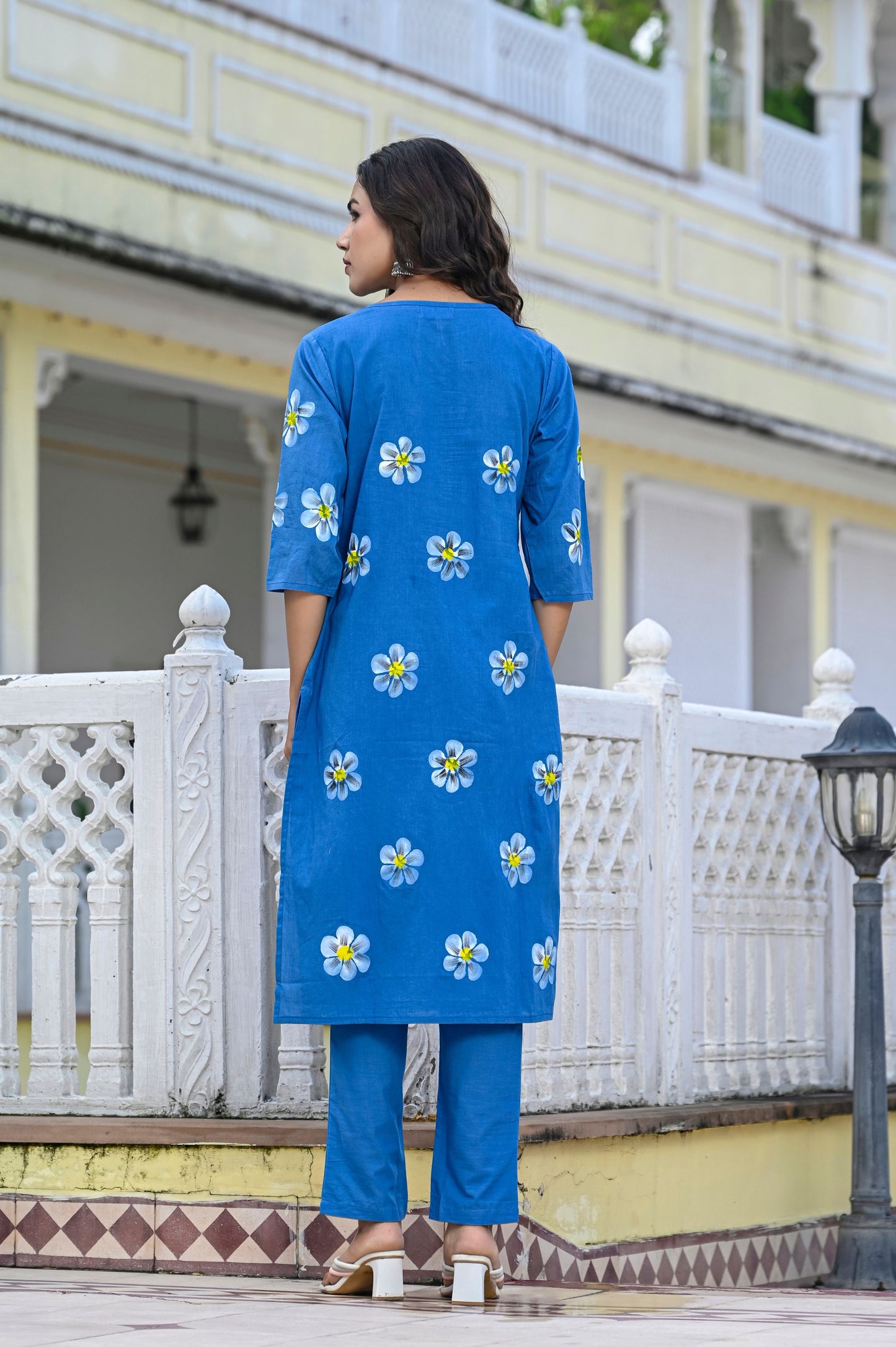 Cotton Saphire Blue Hand Brush Painted Kurta & Pant Sets