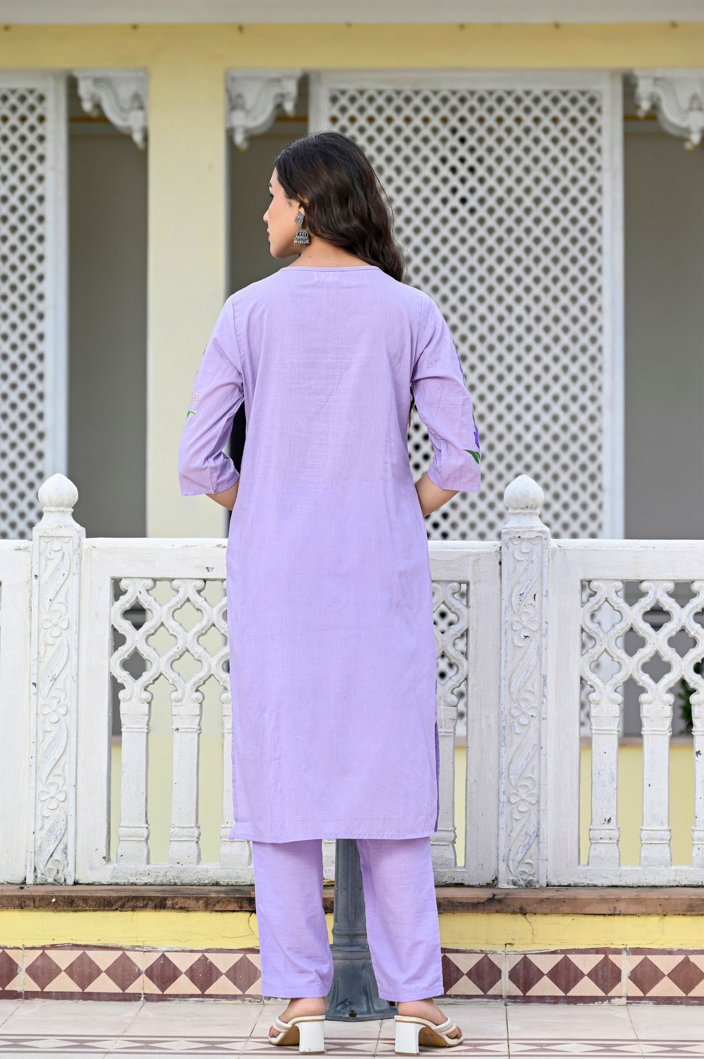 Cotton Lavender Blue Hand Brush Painted Kurta & Pant Sets