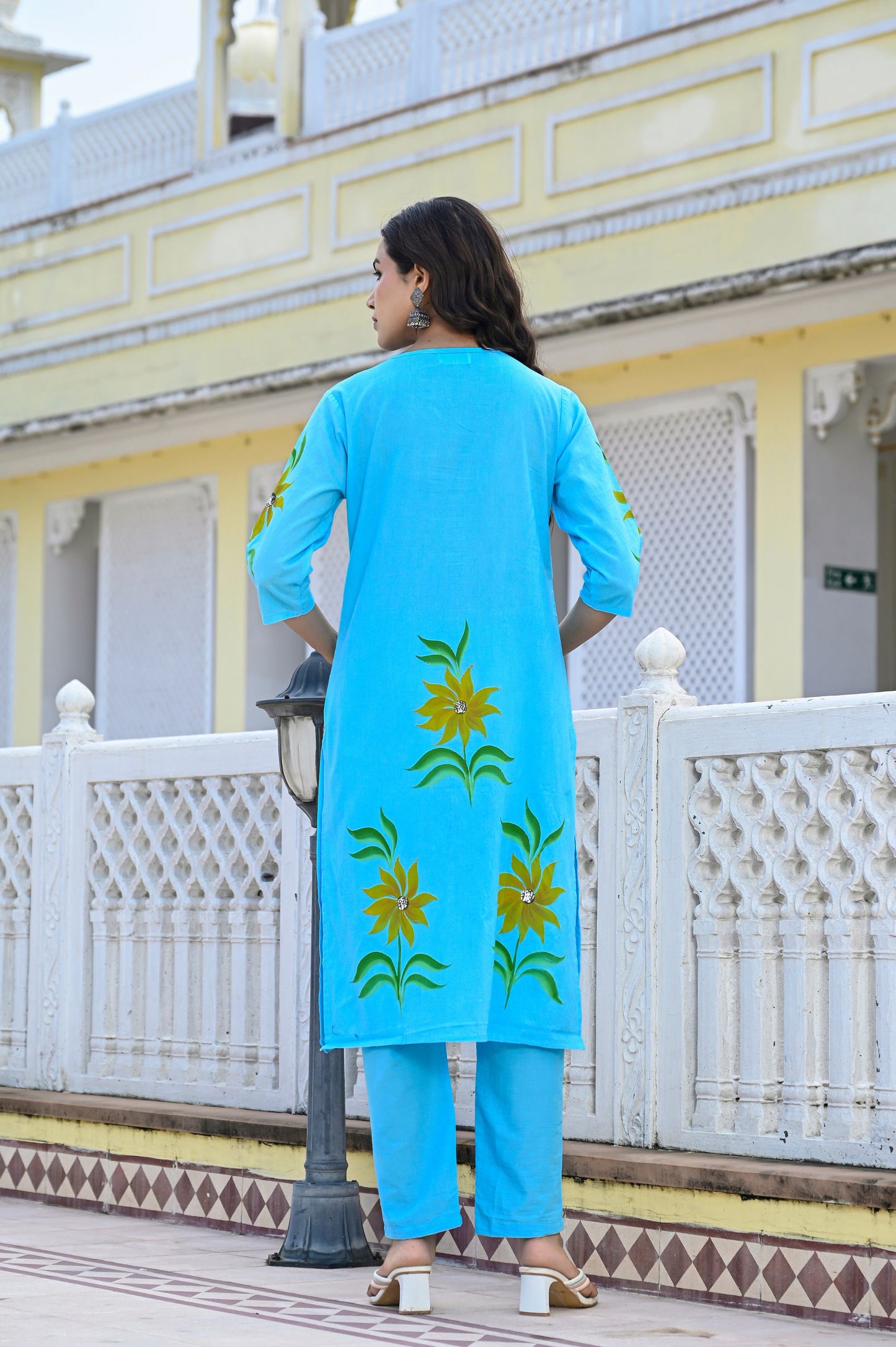 Cotton Ocean Blue Hand Brush Painted Kurta & Pant Sets