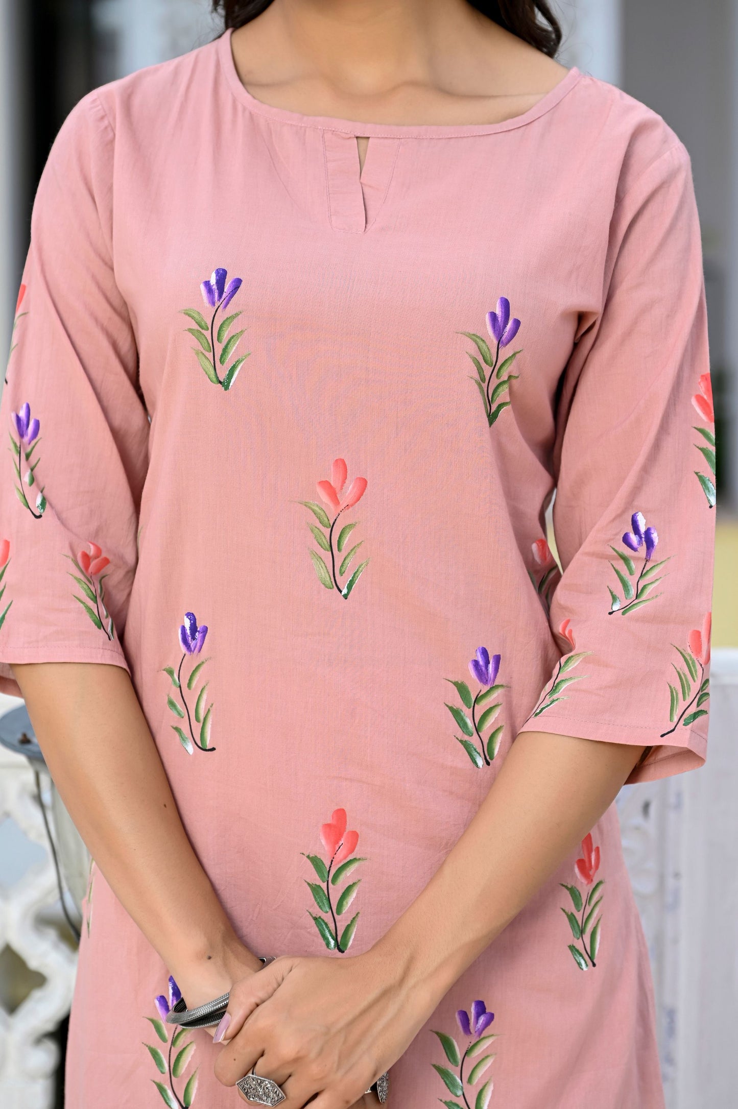 Cotton Peach Bud Hand Brush Painted Kurta & Pant Sets