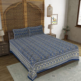 Beyond Ajrakh Blue King Size 100% Cotton Bedsheets