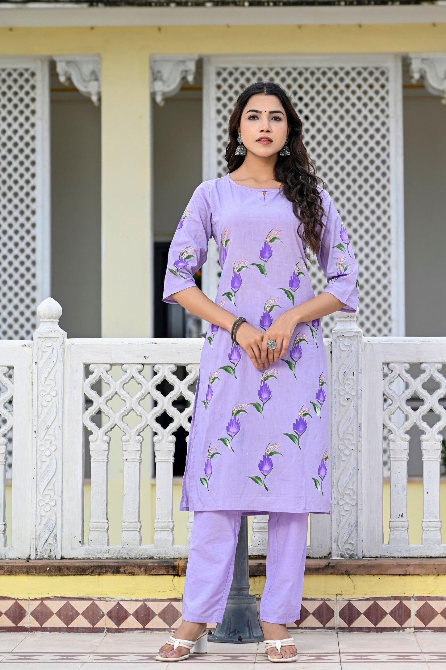 Cotton Lavender Blue Hand Brush Painted Kurta & Pant Sets