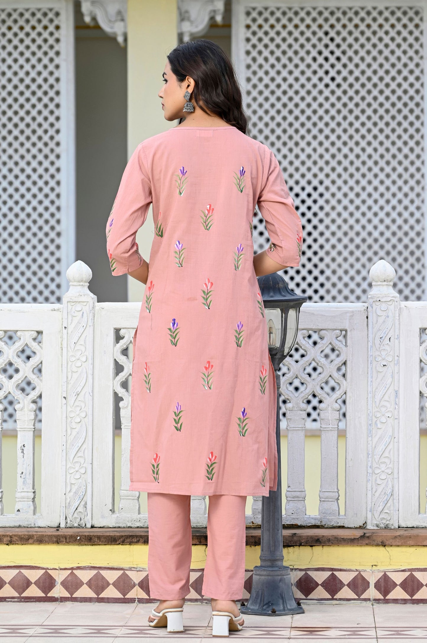 Cotton Peach Bud Hand Brush Painted Kurta & Pant Sets