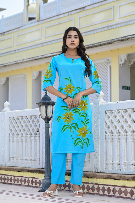 Cotton Ocean Blue Hand Brush Painted Kurta & Pant Sets