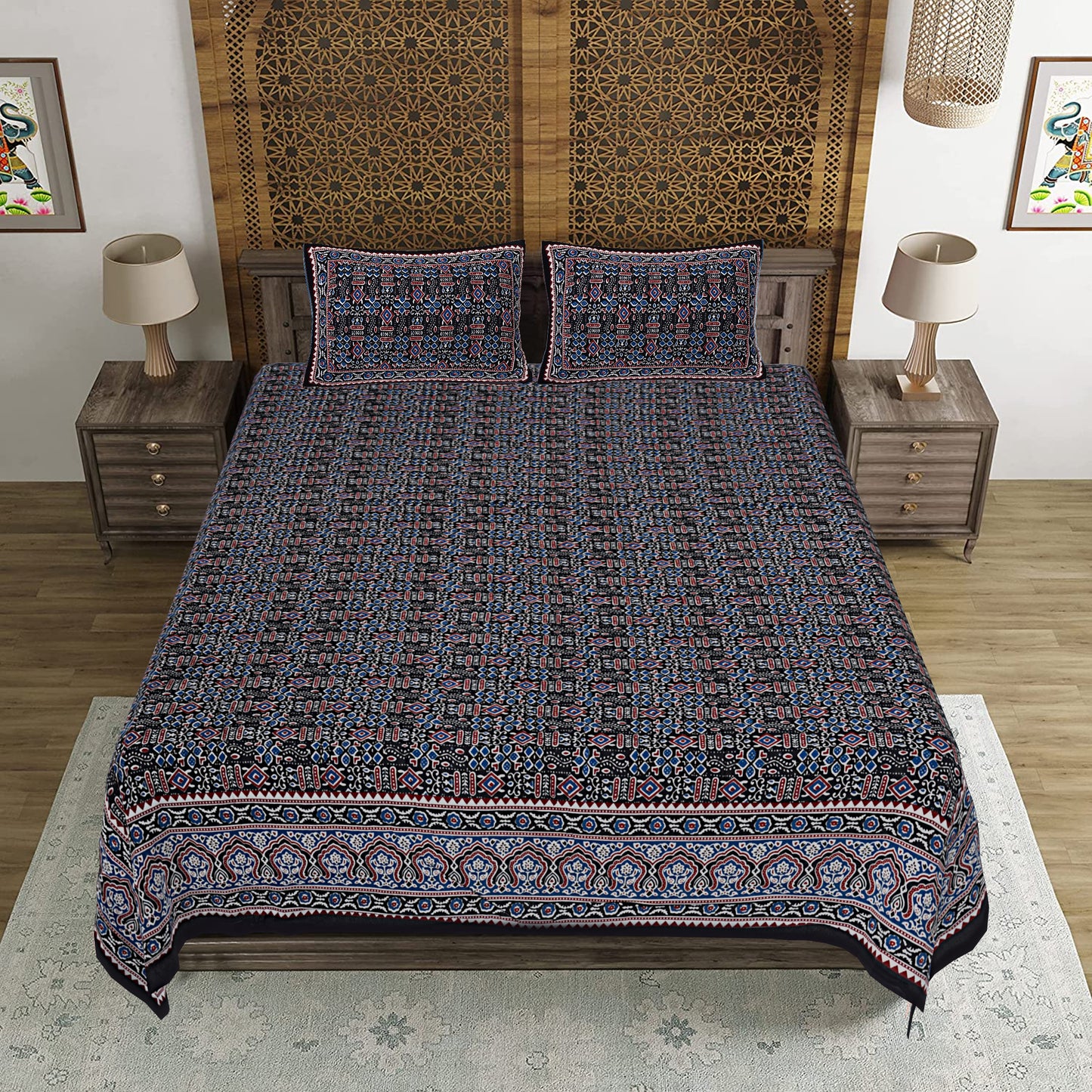 Beyond Ajrakh Black King Size 100% Cotton Bedsheets