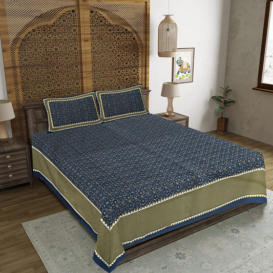 Ajrakh Redefined Blue King Size 100% Cotton Bedsheets