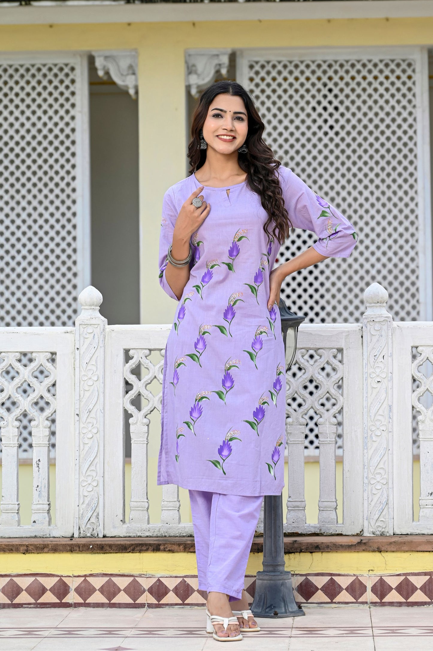 Cotton Lavender Blue Hand Brush Painted Kurta & Pant Sets