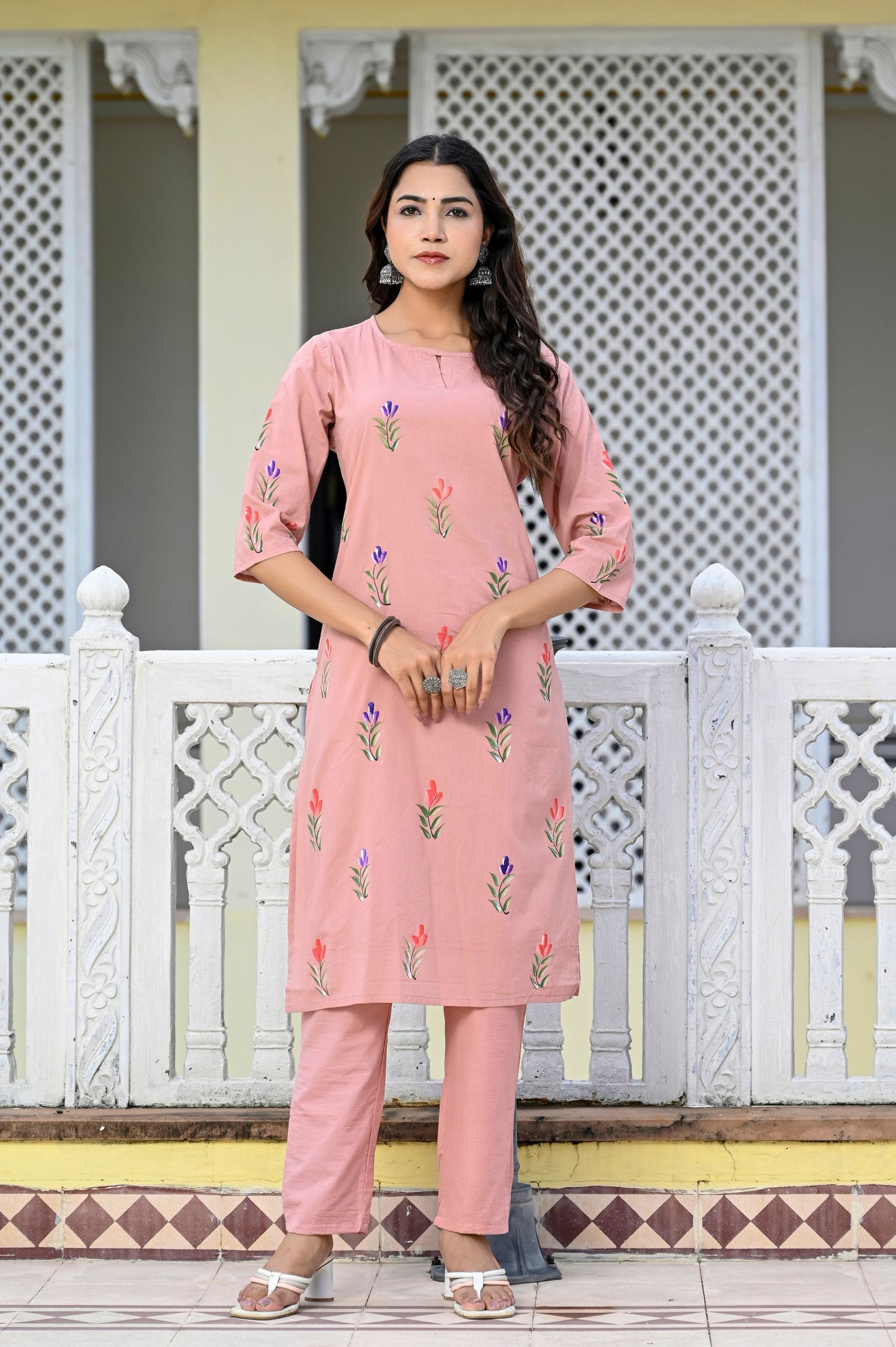 Cotton Peach Bud Hand Brush Painted Kurta & Pant Sets