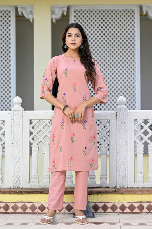 Cotton Peach Bud Hand Brush Painted Kurta & Pant Sets